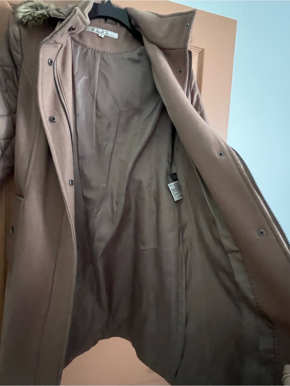 Kenneth Cole New York Taupe Quilted-Sleeve Trench Coat with Faux Fur Trim - Picture 9 of 10
